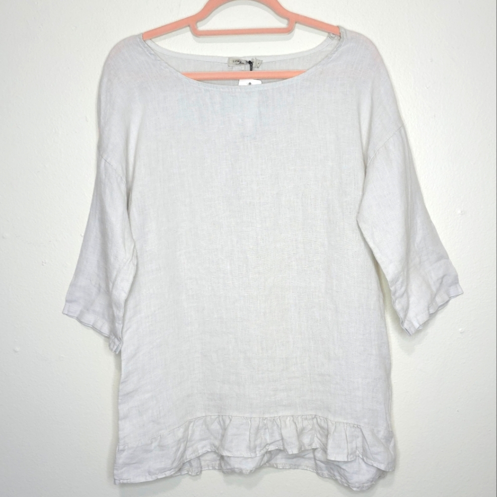 Lungo L'Arno NWT 100% Linen Ivory Ruffle Hem Italy Lagenlook Blouse Size Small